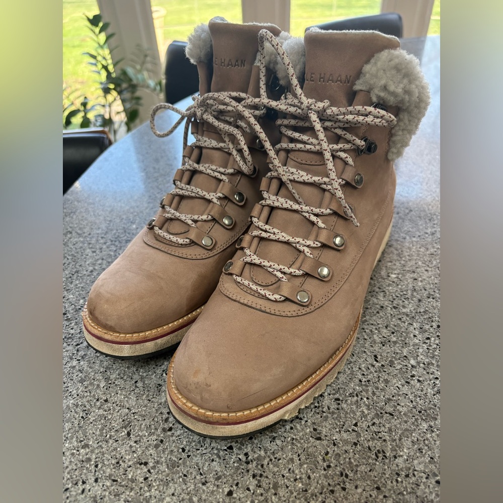 Cole Haan Tan Suede Lace-Up Shearling Collar Boots